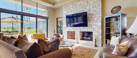 Smart TV, fireplace, DVD player, books