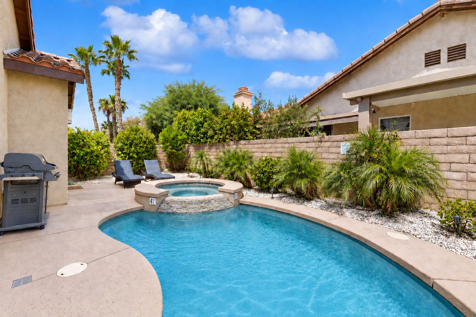 Une piscine avec un jacuzzi, des chaises longues et un barbecue.