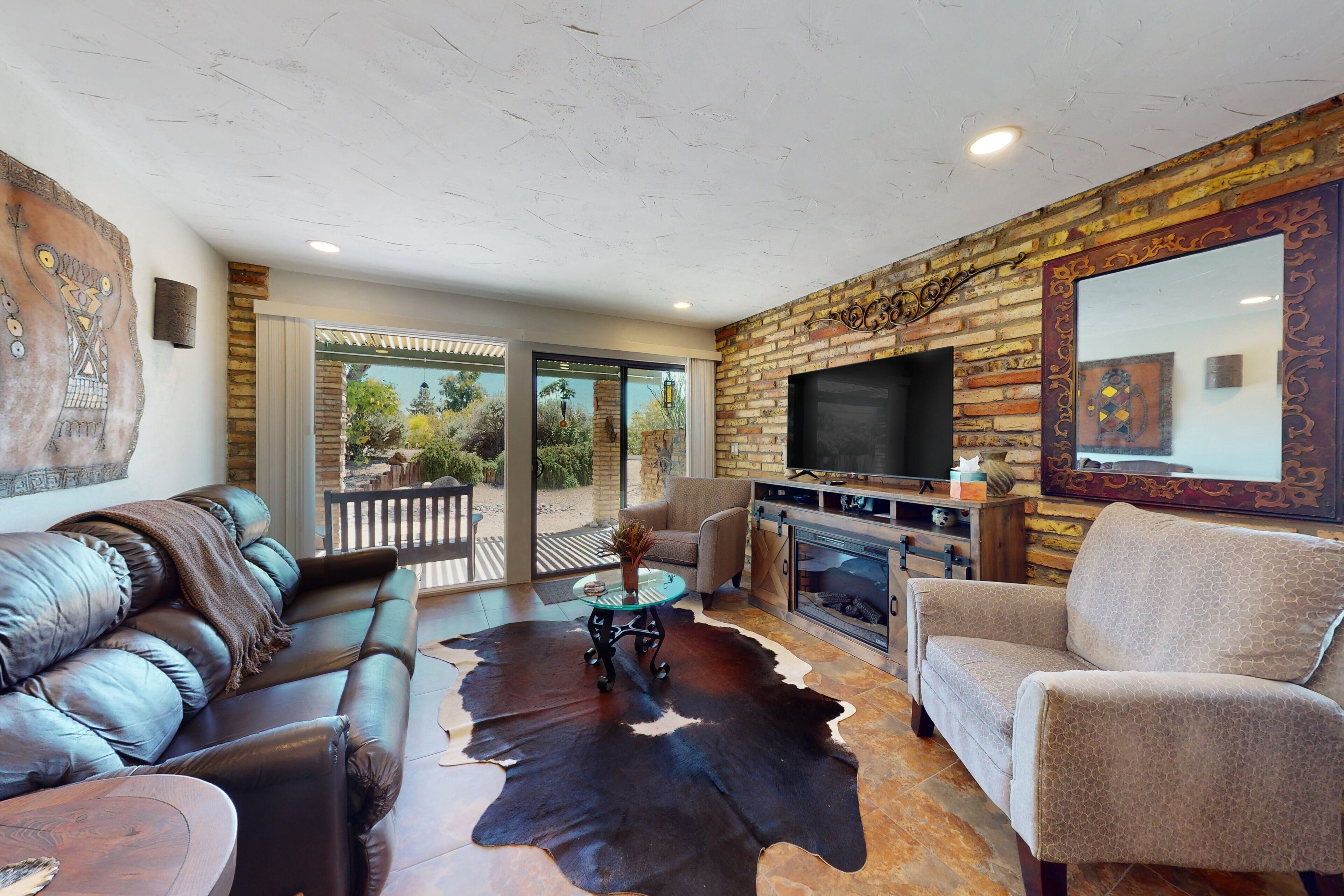 Smart TV, fireplace, books