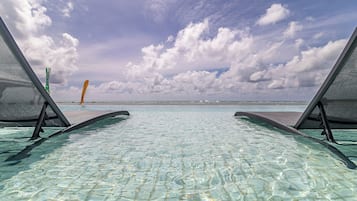 Una piscina al aire libre, sombrillas, sillones reclinables de piscina