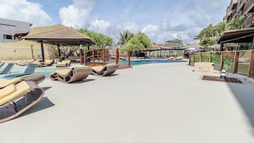 Outdoor pool, pool umbrellas, pool loungers