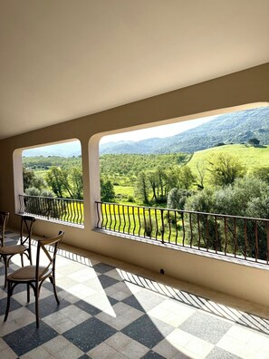 A balcony with a checkered floor, two chairs, and a view of a green landscape with trees and hills.