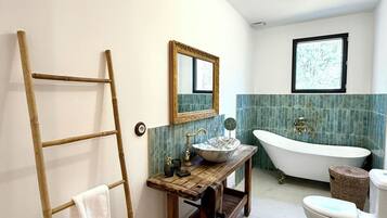 Shower, hair dryer, towels, toilet paper