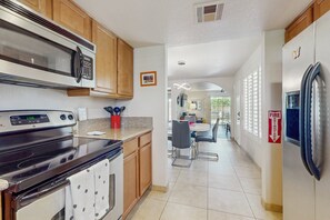 Fridge, microwave, oven, stovetop - Country Club Condo with WiFi, Patio, Private Grill, and Shared Pools (Palm Springs)