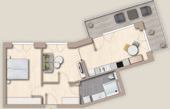 A floor plan of a hotel room with a bed, a small sitting area, a kitchenette, and a bathroom. - The View B13 Fain Leewen - Balcony, elevator,shared. Sauna, parking, EV charging (Dagebüll)