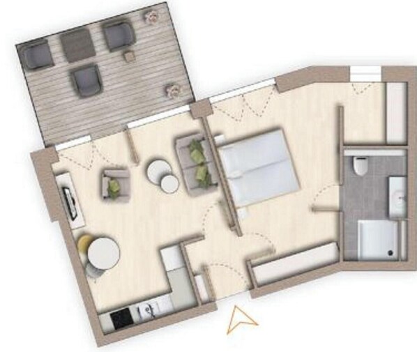 A floor plan of a hotel room with a bed, a sitting area with a table and chairs, a small kitchen area, and a bathroom. - The View B02 Achter de Diek - beach chair, elevator, shared Sauna (Dagebüll)