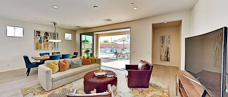 Smart TV, DVD player, video library, stereo