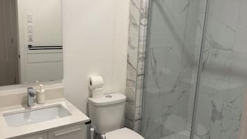 Douche, séchoir à cheveux, serviettes fournies, savon