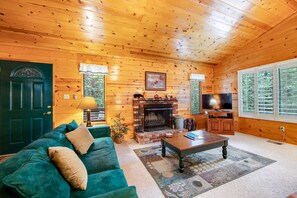 Una Smart TV, una chimenea, un reproductor de DVD, libros