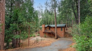 A cabin in a forest with a gravel driveway leading to a wooden deck and stairs. - Secluded Dog-Friendly Cabin w/Wood Fireplace, Deck, Private W/D, Mtn Views (Idyllwild)
