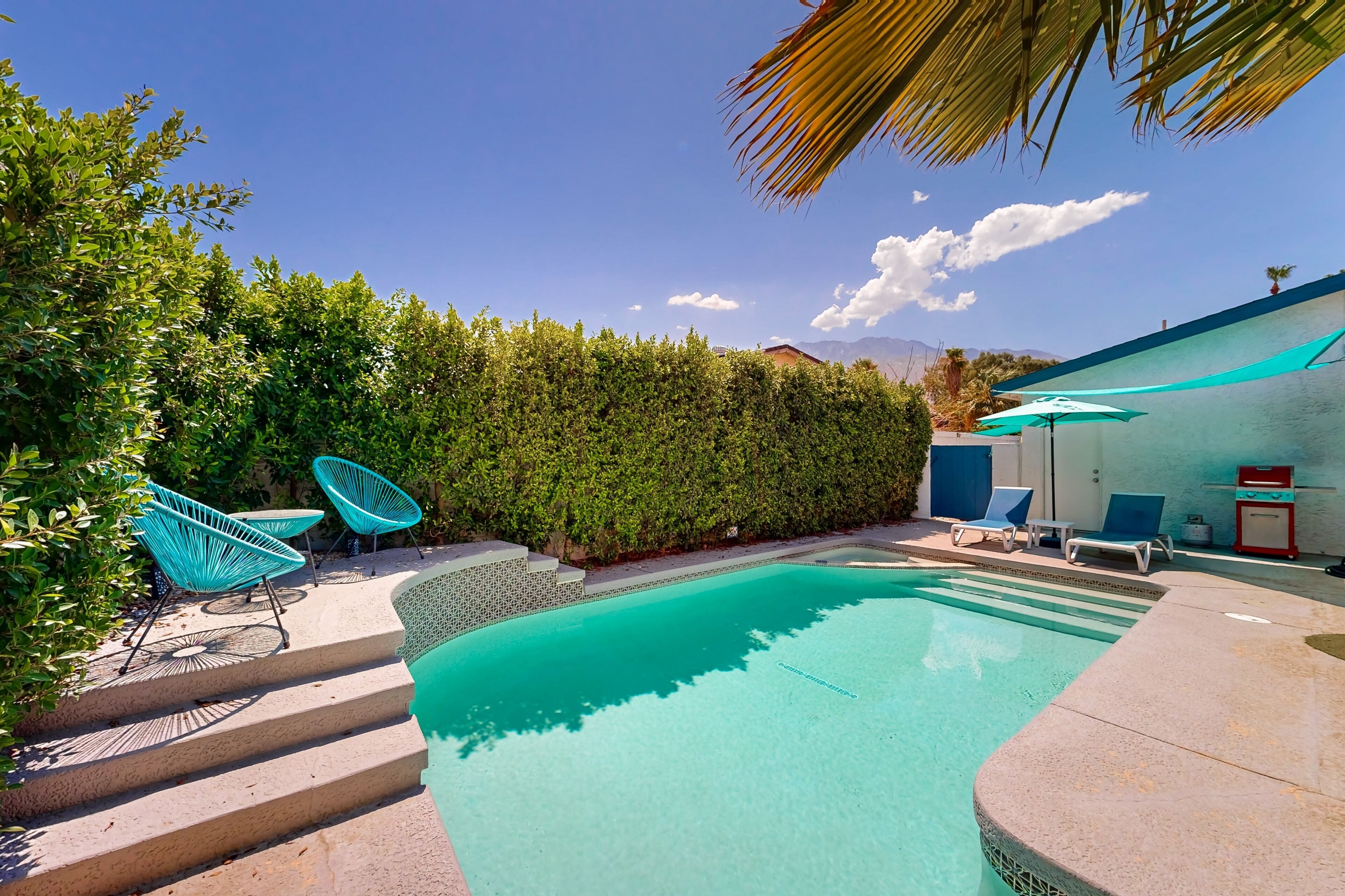 Ein Pool mit Stufen, umgeben von einer Hecke und einem Gebäude mit Außenbestuhlung.