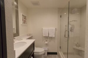 Suihku, hiustenkuivaaja, pyyhkeet, saippua