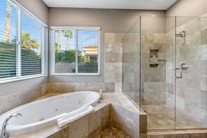 Shower, hair dryer, towels - Dog-friendly desert style home with sprawling pool, pool spa, firepit & grill (La Quinta)