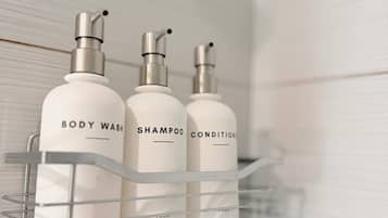 Hair dryer, towels, soap, toilet paper