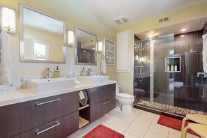 Shower, hair dryer, towels - Lovely desert home w/ private pool, spa & mountain backdrop - 2 dogs OK (Palm Springs)