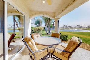 Outdoor dining - Stunning condo with fireplace, W/D, tennis court, pool, hot tub, grill, & patio (Palm Desert)