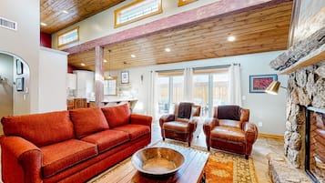 TV, fireplace, books