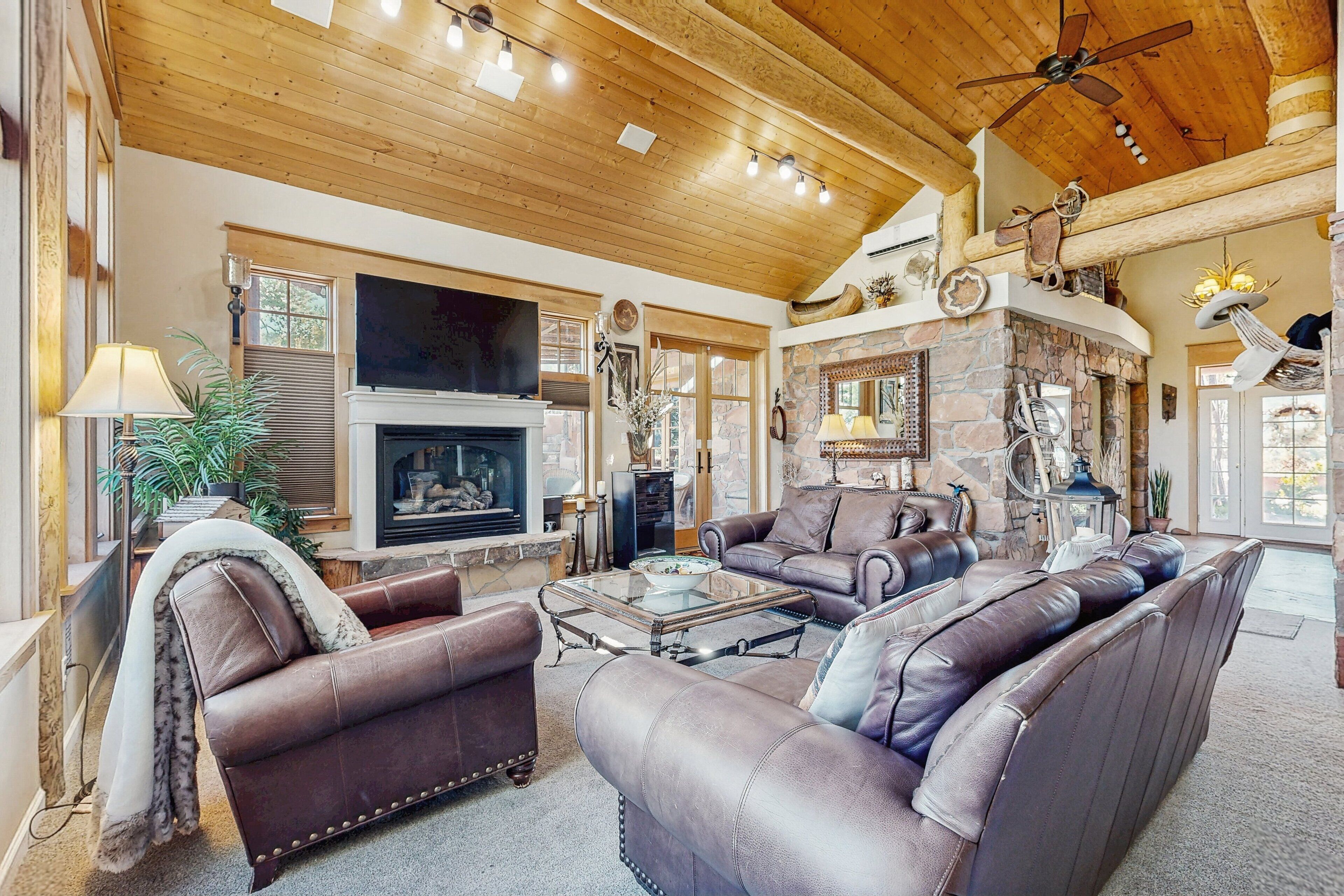 Smart TV, fireplace, books, stereo