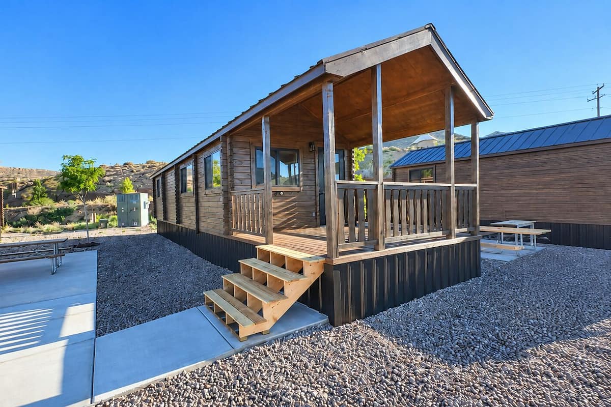 A wooden cabin with a porch, outdoor seating, and a gravel patio.