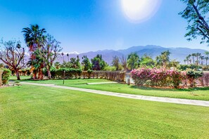 Un jardín bien cuidado con un sendero, palmeras y arbustos florecientes.
