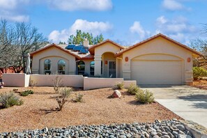 Exterior - Dog-friendly home with garden patio, fireplace, & views of red rock cliffs (Sedona)