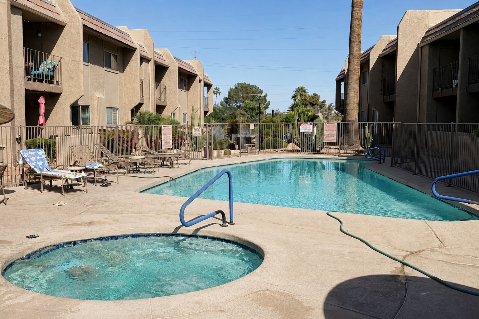 A swimming pool with lounge chairs and a hot tub, surrounded by a fence and buildings with balconies.