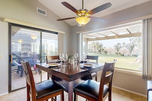 Dining - Water-view home on golf course with hot tub, pool, tennis, on-site golf, & patio (Palm Desert)