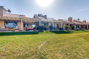 Exterior - Water-view home on golf course with hot tub, pool, tennis, on-site golf, & patio (Palm Desert)