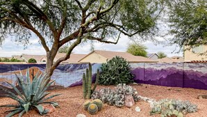 A desert garden with cacti and a large tree, surrounded by a purple wall with a mountain mural. - Desert retreat with enclosed yard, instruments, alfresco dining, grill, & W/D (San Tan Valley)