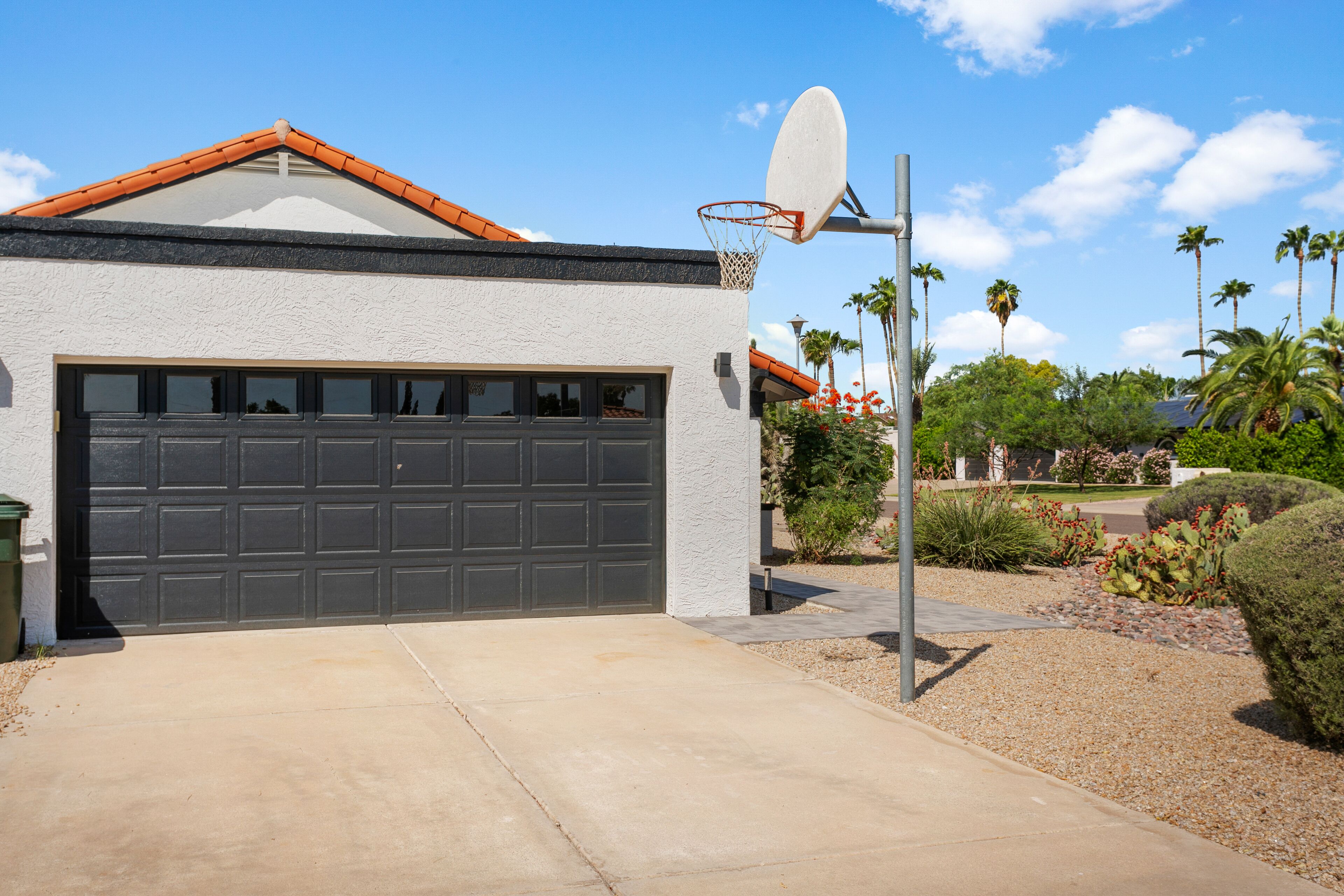Un garage residenziale con canestro da basket, vialetto libero e giardino curato con palme e cactus.