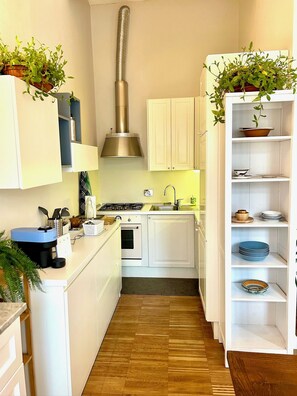 A compact kitchen with white cabinetry, a stainless steel range hood, a built-in oven, and a sink. There are potted plants on shelves and a wooden floor. - Elegant & Modern Loft in Torino, Regio Parco (Torino)