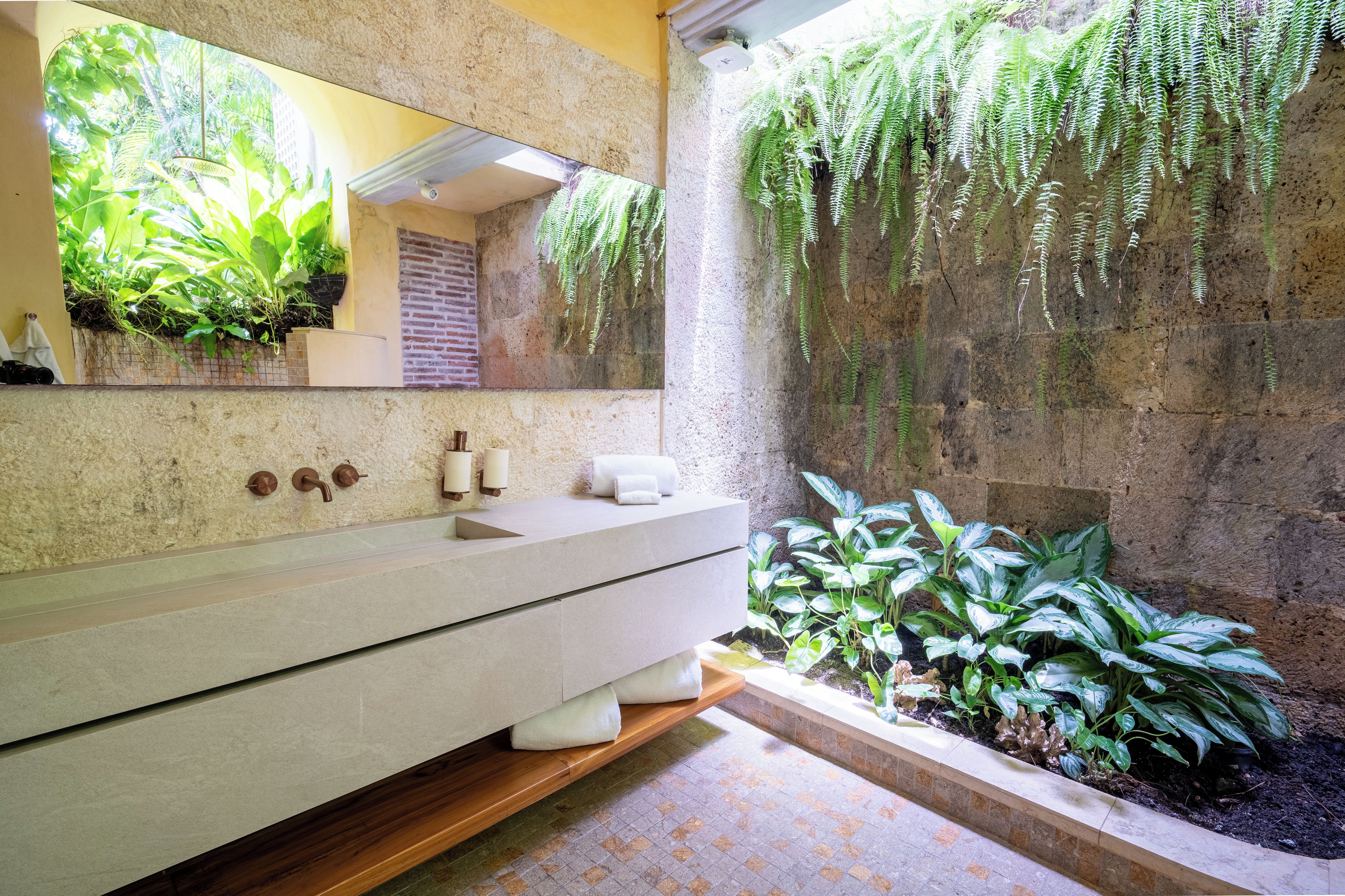A bathroom with a large mirror, a sink, and a shower area. There are plants and a small garden area visible.