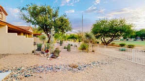 Un jardín desértico con cactus, una cerca blanca y un edificio con techo de tejas.