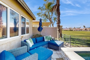 Terrace/patio - Dog-friendly golf course-adjacent home with a private pool, pool spa, & AC (Indio)
