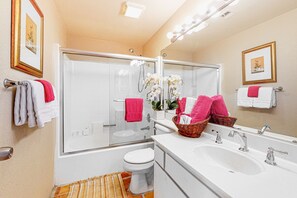 Shower, hair dryer, towels - Inviting, dog-friendly condo with outdoor pool, pool spa & tennis access (Palm Springs)