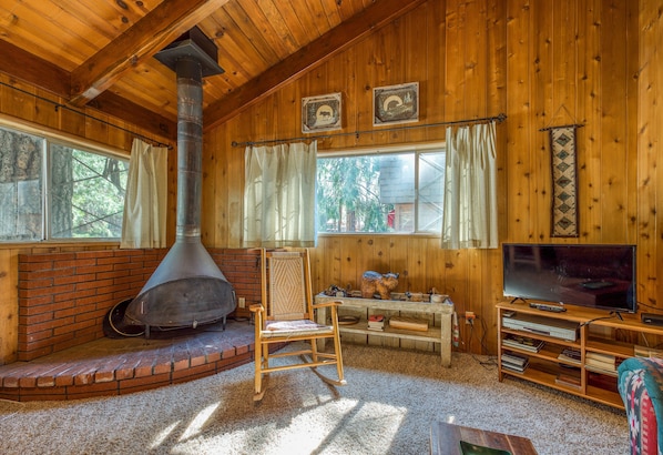 Un intérieur de chalet chaleureux avec une cheminée, des murs en bois, un téléviseur et un coin salon confortable.