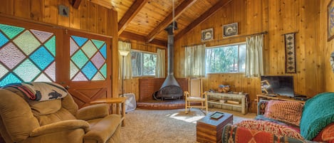 Smart TV, fireplace, DVD player, books