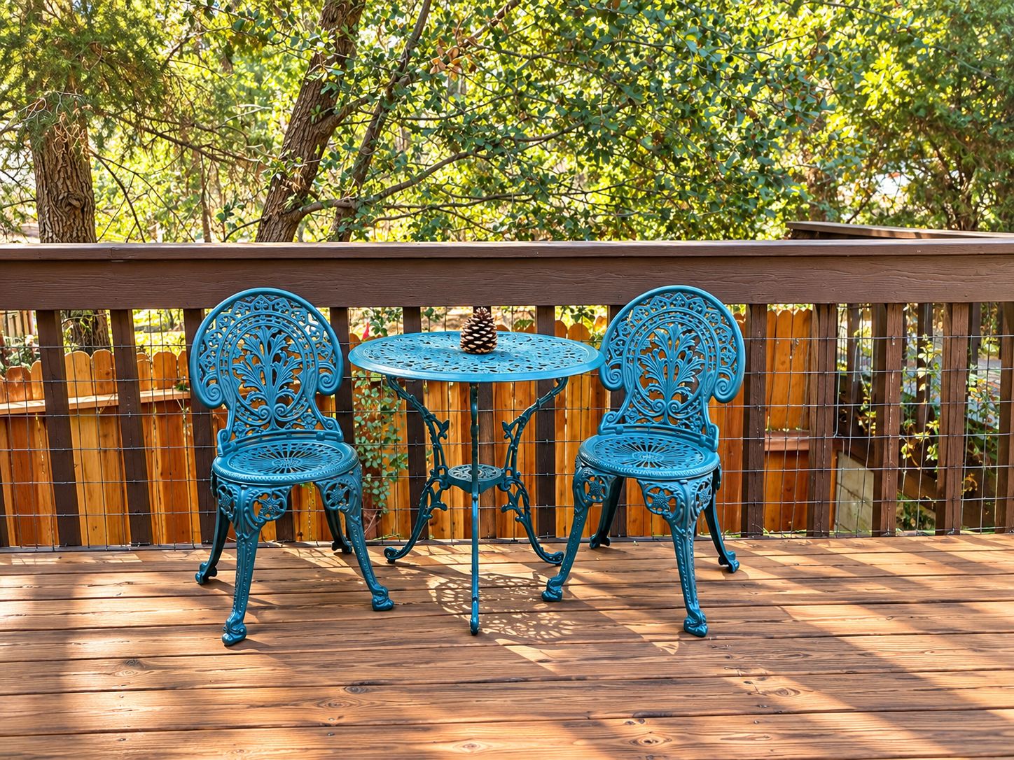 A wooden deck with two ornate metal chairs and a small round table, surrounded by a wooden fence and trees.