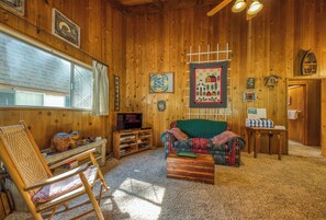 Smart TV, fireplace, DVD player, books