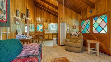 Smart TV, fireplace, DVD player, books