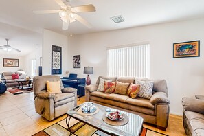 Smart TV, fireplace - Dog-friendly home with patio, grill, firepit, outdoor pool, tennis, & fireplace (Desert Hot Springs)