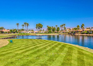 Un parcours de golf avec un étang, des palmiers et des maisons en arrière-plan.