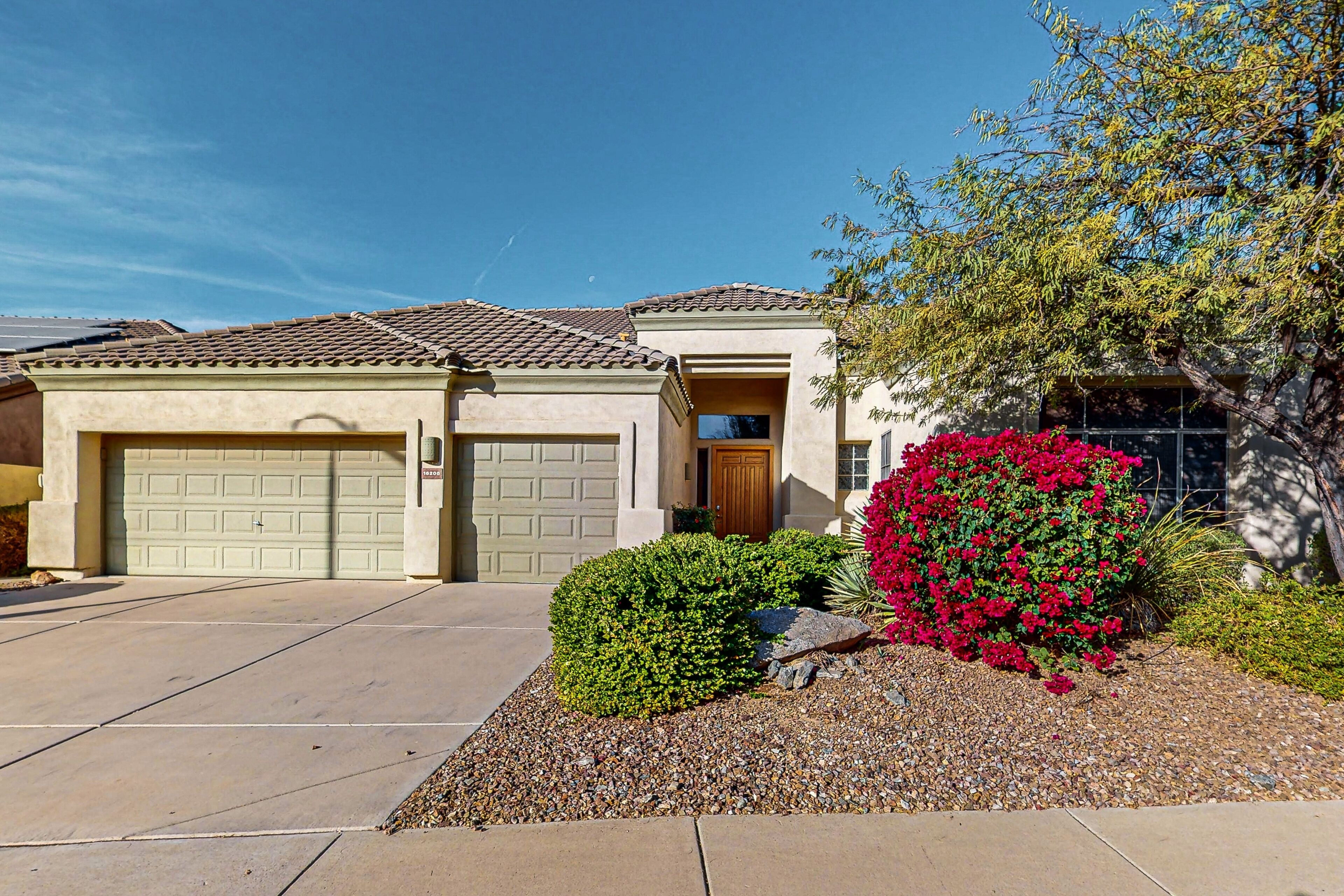 A residential house with a garage, a front door, and a well-maintained garden with shrubs and flowers.