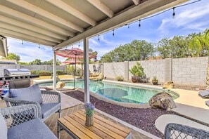 Terrace/patio - Single-level dog-friendly home with private pool, grill, enclosed backyard, & AC (Chandler)