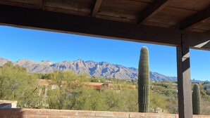 Une structure en bois offrant une vue sur les montagnes et les cactus.