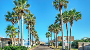 A street lined with tall palm trees, a sign indicating 'No Parking Fire Lane,' and a building with a blue and brown facade. - Rest Ashored by Avantstay Port A Condo + Beach Access + Pickleball Court + Basketball Court (Port Aransas)