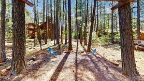 Un ensemble de balançoires en bois, installé dans une forêt, avec une cabane en arrière-plan.