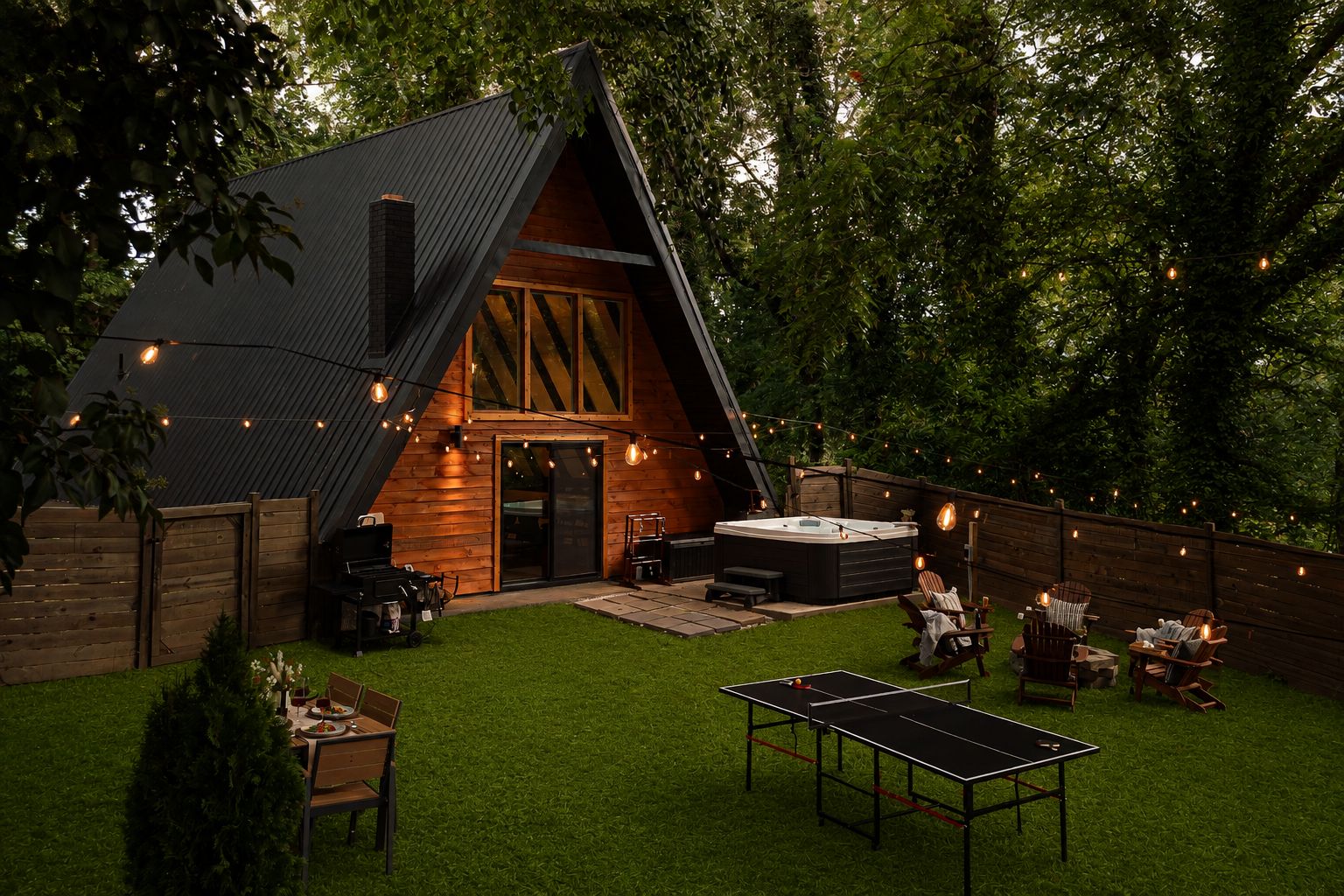A cozy outdoor area with a hot tub, ping pong table, and seating.