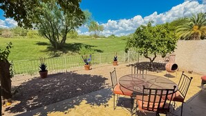 An outdoor patio with a round table and chairs, surrounded by potted plants and a view of a grassy field. - Classic and comfortable condo with pool, hot tub, & tennis (Tucson)