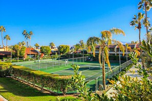 Ein Tennisplatz, umgeben von Palmen und Gebäuden.